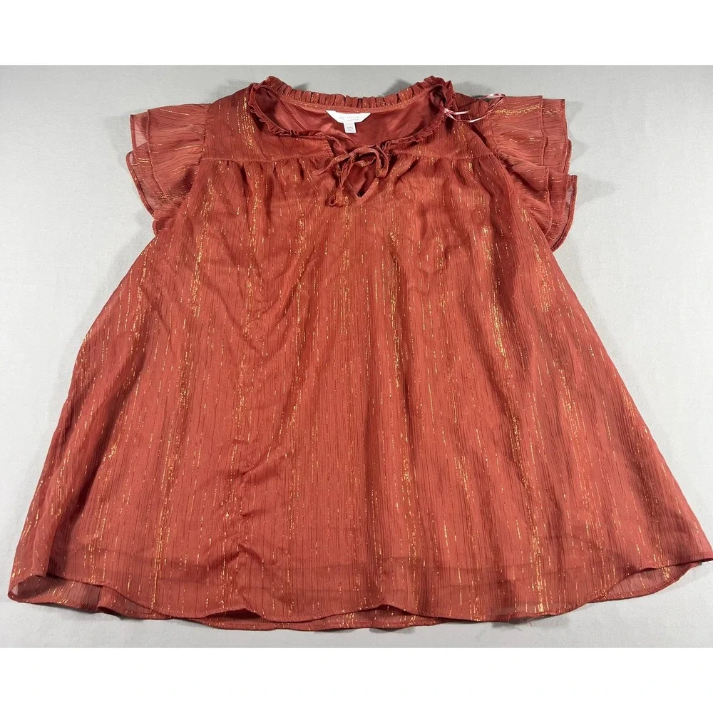 LC Lauren Conrad Rust Gold Metallic Stripe Flutter Sleeve Blouse Woven XXL Top